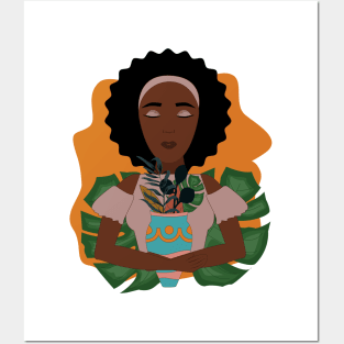 Cute African girl loves the nature and plants holding a vase of different leaves Posters and Art